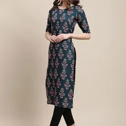 7threads KALINI Women Pack of 2 Beige & Teal Printed Crepe Kurta image 4