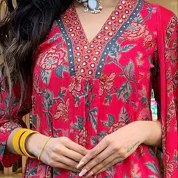 KALINI Floral Printed V-Neck Empire Anarkali Kurta With Palazzos & Dupatta image 5