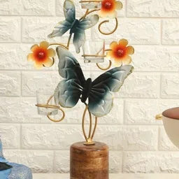 vedas Orange & Blue F-Kyleen Butterfly T Lights Curio Showpiece image 1