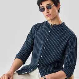 Snitch Men Relaxed Fit Vertical Striped Mandarin Collar Casual Shirt-image-78