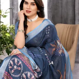 The Textile Hub Floral Printed Zari Pure Linen Saree image 4
