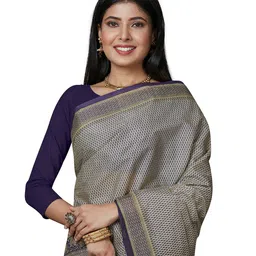 SHANVIKA Women Beige & Purple Pure Cotton Block Print Saree image 2