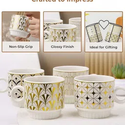 HOMEESSENTIALS White & White Printed Ceramic Glossy Core Set of Cups and Mugs image 5