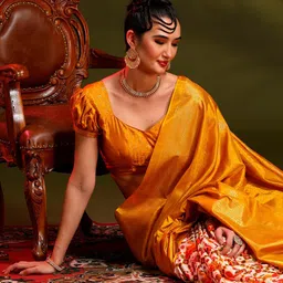 Anouk Yellow & Off White Ethnic Motifs Printed Half And Half Patola Saree image 5