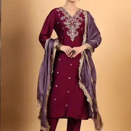 Prisachi Women Ethnic Motifs Embroidered Regular Thread Work Kurta with Trousers & With Dupatta-image-5