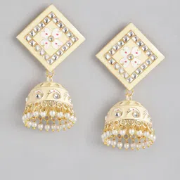 Anouk Gold-Plated Artificial Stone Studded & Beaded Dome Shaped Jhumkas image 5