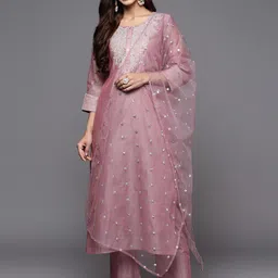 GUNVANTI FAB Riva Floral Embroidered Round Neck Straight Kurta With Trousers & Dupatta-picture-34