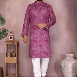 LIAM FASHION Men Mandarin Collar Pure Cotton Kurta with Pyjamas-picture-27