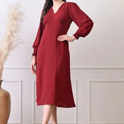 Ikonic klaer Women Self Design V-Neck A-Line Midi Dress-image-65