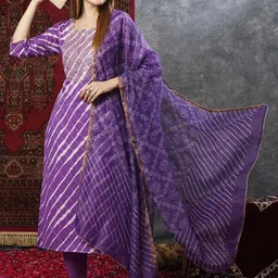 Anni Designer Leheriya Embroidered Regular Straight Kurta with Trousers & Dupatta image 4