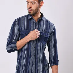 Stylox Men Vertical Striped Spread Collar Cotton Casual Shirt-image-0