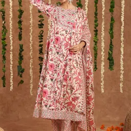SRF JAIPUR Women Floral Printed Panelled Pure Cotton Kurta with Trousers & With Dupatta image 5