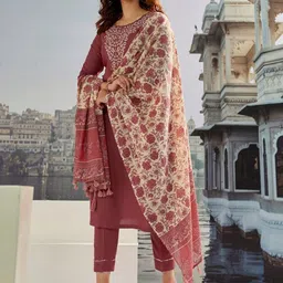 Foxent Women Floral Embroidered Cotton Kurta with Trousers & Dupatta image 3