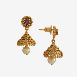 Kushal's Fashion Jewellery Gold-Plated Dome Shaped Ruby Antique Jhumkas Earrings image 3