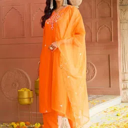 KALINI Women Ethnic Motifs Embroidered Regular Thread Work Kurta with Trousers & With Dupatta image 4