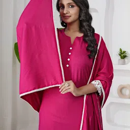 BEEGET FASHION V-Neck Straight Kurta With Trousers & Dupatta image 2