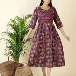 Pakiza Enterprises Women Cotton Floral Printed Fit and Flare Midi Maternity Dress-image-44