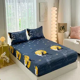 JC HOME Navy Blue & Yellow Conversational Printed 140 TC Queen Bedsheet Set 2.00m x 1.50m image 3