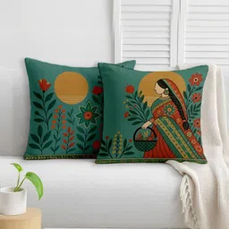 STITCHNEST Green & Yellow 2 Pieces Ethnic Motifs Satin Square Cushion Covers-image-30