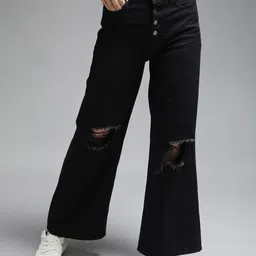 High Star Women Wide Leg High-Rise Slash Knee Cotton Jeans-picture-29