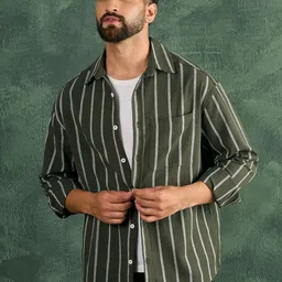 CHIMPAAANZEE Men Oversized Fit Vertical Striped Spread Collar Casual Shirt image 4