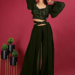 PARROT CREATION Gopi Embroidered Sweetheart Neck Georgette Crop Top With Palazzos-picture-7