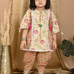 LIL PITAARA Girls Floral Printed Regular Gotta Patti Pure Cotton Kurti with Dhoti Pants-picture-14