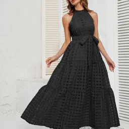 Mast & Harbour Self Design Halter Neck Fit and Flare Maxi Dress-image-23