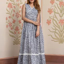 KALINI Women Floral Print Fit & Flare Pure Cotton Maxi Dress-image-42