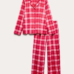 Marks & Spencer Women Checked Lapel Collar Shirt & Pyjamas Night suit image 4