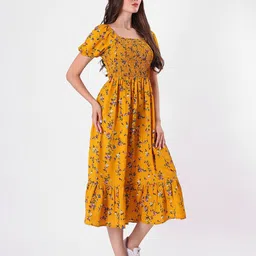 clobug Floral Print Puff Sleeve Crepe A-Line Midi Dress image 3