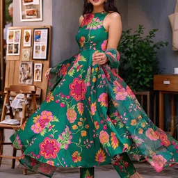 GoSriKi Floral Printed Round Neck Sleeveless Anarkali Kurta & Trousers With Dupatta image 4
