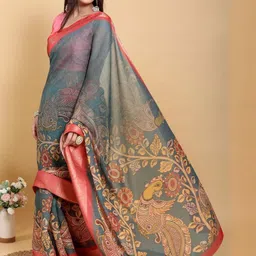 Suraj pari singh Ethnic Motifs Printed Zari Patta Linen Cotton Saree & Blouse Piece image 4