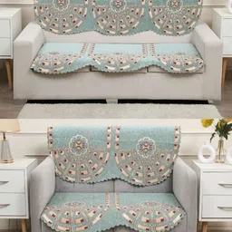 Fashion Throw Green & Brown 4 Pieces Floral Printed Jacquard Sofa Cover-image-20