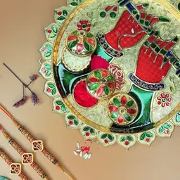 Anouk Set Of 3 Stones Studded & Beaded OM Rakhi with Card & Roli Rice Pooja Thali-picture-56