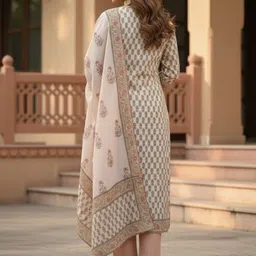 SARSO Women Printed Regular Linen Kurta with Trousers & With Dupatta image 2