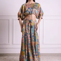 House of Kaftan Printed Round Neck Short Sleeves Satin Semi-Stitched Lehenga Choli-picture-12