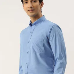 English Navy Men Button-Down Collar Solid Slim Fit Formal Shirt image 4