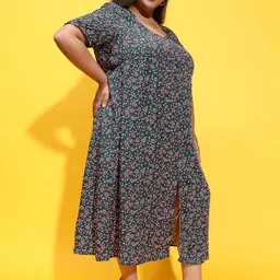 CLOCHOICE Women Plus Size Floral Printed V-Neck Slits A-Line Midi Dress-picture-38