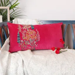 ZEBA Pink And Blue Embroidered Velvet Square Cushion Cover-picture-38