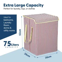 Aura 2Pcs White & Maroon Striped Foldable Laundry Bags With Lid 75 L Each image 3