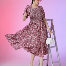 Krunal Raiyani Women Floral Printed Fit & Flare Puff Sleeves Midi Dress-picture-33