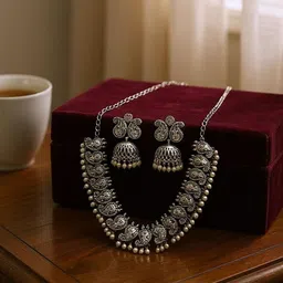 The Style Courtyard Silver-Plated Oxidised Artificial Beaded Necklace & Earrings-image-17