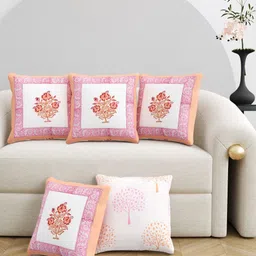 BLOCKS OF INDIA Peach & White 5 Pieces Ethnic Motifs Square Cushion Covers-image-28