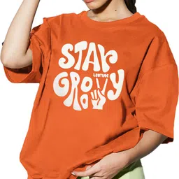 leotude Women Printed Round Neck Cotton Blend Orange T-Shirt-picture-46