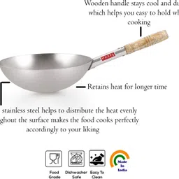 hazel Stainless Steel Chinese Wok Kadhai with Wooden Handle Deep-Fry Pan Wok, 28.5 cm Stir Fry Pan 28.5 cm diameter 2.9 L capacity image 3