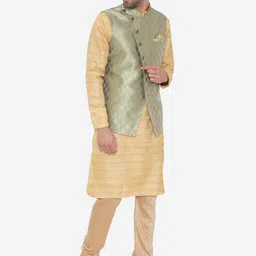 Manu Men Beige & Green Solid Kurta with Churidar & Nehru Jacket image 2