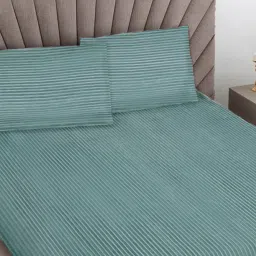 FABINALIV Green Striped 300 Tc Woollen King Size Double Bedsheet With 2 Pillow Covers image 3