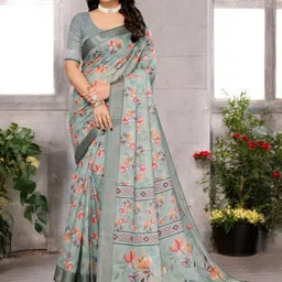 Ambuja International Floral Printed Zari Pure Linen Saree-picture-19