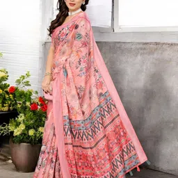 Ambuja International Floral Printed Zari Pure Linen Saree-picture-30